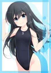 Rule 34 | 1girl, artist name, asashio (kancolle), black hair, black one-piece swimsuit, blue eyes, character name, commentary request, competition swimsuit, cowboy shot, flat chest, highleg, highleg swimsuit, highres, inaba shiki, kantai collection, logo, long hair, looking at viewer, one-piece swimsuit, smile, solo, swimsuit