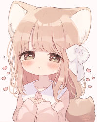 Rule 34 | 1girl, :o, absurdres, ame usako, animal ear fluff, animal ears, blush, bow, brown eyes, brown hair, brown shirt, collared shirt, commentary request, dress shirt, fang, hair bow, hands up, heart, highres, long hair, long sleeves, looking at viewer, original, parted lips, pink background, shirt, simple background, sleeves past wrists, solo, tail, white bow