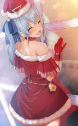 Rule 34 | 1girl, bad id, bad twitter id, bare shoulders, belt, blue hair, blush, bow, christmas, closed eyes, commentary request, dress, earrings, fumihiko (fu mihi ko), fur trim, gloves, hair bow, hat, highres, hololive, hoshimachi suisei, jewelry, long hair, open mouth, pom pom (clothes), santa costume, santa dress, santa gloves, santa hat, side ponytail, solo, star (symbol), star earrings, virtual youtuber