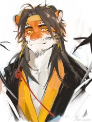 Rule 34 | animal ears, arknights, bara, beard, cropped torso, facial hair, furry, furry male, headband, highres, huai tianpei (arknights), long hair, looking at viewer, male focus, mature male, pectoral cleavage, pectorals, smile, thick beard, thick eyebrows, tiger boy, tiger ears, unfinished, yellow eyes, yellow headband, yuuko (yuuko891)