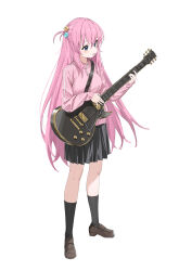 Rule 34 | 1girl, 2t (vmyz7342), absurdres, black skirt, black socks, blue eyes, bocchi the rock!, commentary request, cube hair ornament, electric guitar, full body, gibson les paul, gotoh hitori, guitar, hair ornament, highres, instrument, jacket, kneehighs, loafers, long hair, music, one side up, parted lips, pink hair, pink jacket, playing instrument, pleated skirt, shadow, shoes, skirt, socks, solo, track jacket, white background