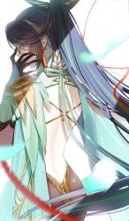 Rule 34 | 1girl, aqua hair, back cutout, bare back, blue hair, clothing cutout, cloud retainer (genshin impact), commentary request, genshin impact, hand up, highres, long hair, simple background, solo, syandega, upper body, very long hair, xianyun (genshin impact)