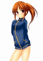Rule 34 | 1girl, bare legs, female focus, jacket, long sleeves, naked jacket, saki (manga), simple background, solo, takakamo shizuno, track jacket, white background