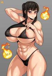 Rule 34 | 1girl, abs, absurdres, breasts, cleft of venus, en&#039;en no shouboutai, fire, highres, jmg, large breasts, maki oze, muscular, muscular female, solo, source request, tagme