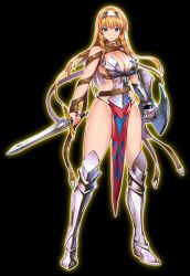 Rule 34 | 10s, 1girl, armor, armored boots, artist request, bikini armor, blonde hair, blue eyes, boots, braid, breasts, cleavage, female focus, front braid, full body, gauntlets, hairband, highres, holding, holding sword, holding weapon, large breasts, leina (queen&#039;s blade), long hair, looking at viewer, no bra, official art, pelvic curtain, queen&#039;s blade, queen&#039;s blade unlimited, redesign, shield, shiny skin, solo, standing, sword, thong, transparent background, twin braids, weapon