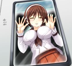 Rule 34 | 1girl, against glass, against screen, artist name, blush, breasts, brown hair, brown neckerchief, brown sailor collar, brown skirt, clenched teeth, dated, hairband, kantai collection, large breasts, long sleeves, natori (kancolle), neckerchief, pleated skirt, sailor collar, school uniform, serafuku, short hair, signature, skirt, solo, teeth, tk8d32, white hairband