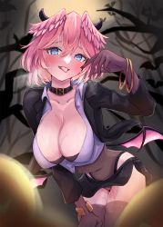 Rule 34 | 1girl, alternate costume, bangle, belt collar, bent over, blazer, blue eyes, blush, bracelet, breasts, cleavage, collar, collarbone, covered erect nipples, covered navel, cowboy shot, cropped shirt, elbow gloves, forest, gloves, hair between eyes, halloween, hand on own thigh, hanging breasts, head wings, highres, hololive, horns, jacket, jewelry, large breasts, leotard, long sleeves, looking at viewer, low wings, microskirt, mihaeru, nature, outdoors, pink hair, shirt, short hair, skirt, solo, takane lui, thighhighs, tongue, tongue out, virtual youtuber, white shirt, wings, zettai ryouiki