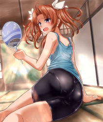 Rule 34 | 1girl, ahoge, alternate costume, arm support, ass, bare arms, bare shoulders, bike shorts, black shorts, blue shirt, blush, brown hair, casual, commentary request, female focus, from behind, hair ribbon, hand fan, highres, holding, holding fan, indoors, kagerou (kancolle), kagerou kai ni (kancolle), kantai collection, light rays, looking to the side, open mouth, pantylines, purple eyes, reclining, ribbon, shirt, shorts, shouji, sidelocks, sleeveless, sliding doors, solo, sunbeam, sunlight, sweat, tank top, tatami, twintails, wavy mouth, white ribbon, zanntetu