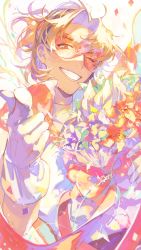 Rule 34 | 1boy, bio l oid, bouquet, brown hair, colorful, confetti, facial hair, flower, glasses, gloves, goatee, grin, highres, idolmaster, idolmaster side-m, looking at viewer, male focus, mustache, one eye closed, pointing, pointing at viewer, simple background, smile, yamashita jiro