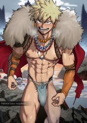 Rule 34 | 1boy, abs, arm tattoo, bakugou katsuki, blonde hair, boku no hero academia, bulge, cape, cloud, cloudy sky, ear piercing, elbow sleeve, fur-trimmed cape, fur trim, jewelry, male focus, male pubic hair, male underwear, mountain, muscular, muscular male, navel, necklace, nipples, official alternate costume, pectorals, penis, piercing, pubic hair, red eyes, see-through, short hair, sky, solo, spiked hair, standing, suyohara, tattoo, testicle peek, topless male, underwear