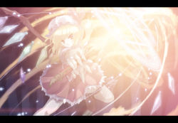 Rule 34 | 1girl, blonde hair, female focus, fire, flandre scarlet, hat, hat ribbon, laevatein, letterboxed, magic circle, ponytail, red eyes, ribbon, short hair, side ponytail, solo, tokiame, touhou, weapon, wings
