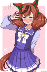 Rule 34 | 1girl, absurdres, blush, breasts, brown eyes, brown hair, collarbone, commentary request, embarrassed, heart, highres, horse girl, looking at viewer, medium breasts, medium hair, nice nature (umamusume), open mouth, ribbon, school uniform, shiroi tansu, simple background, solo, tracen school uniform, translation request, twitter username, umamusume, uniform