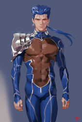 Rule 34 | 1boy, absurdres, blue background, blue bodysuit, blue hair, bodysuit, closed mouth, cu chulainn (fate), cu chulainn (fate/stay night), earrings, fate/stay night, fate (series), highres, jewelry, light smile, long hair, long sleeves, looking at viewer, male focus, pauldrons, ponytail, red eyes, shoulder armor, signature, single pauldron, solo, standing, yd (orange maru)