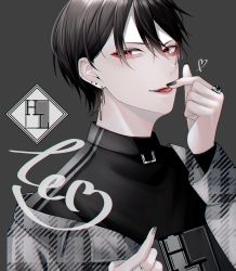 Rule 34 | 1boy, black hair, black shirt, copyright request, ear piercing, finger heart, grey background, highres, jewelry, long sleeves, looking at viewer, male focus, mask, nail polish, obisn, open mouth, original, piercing, red eyes, ring, shirt, solo, turtleneck