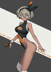 Rule 34 | 1girl, 999 (8v8v), adapted costume, alternate breast size, ass, bea (pokemon), black hairband, black one-piece swimsuit, blue eyes, breasts, collarbone, competition swimsuit, creatures (company), dark-skinned female, dark skin, game freak, gloves, grey hair, gym leader, hair between eyes, hairband, highleg, highleg swimsuit, knee pads, large breasts, legs, looking at viewer, nintendo, one-piece swimsuit, pokemon, pokemon swsh, short hair, single glove, solo, swimsuit, wristband