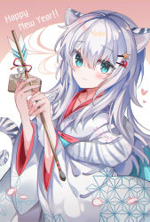 Rule 34 | 1girl, absurdres, animal ears, arrow (projectile), blue eyes, blush, closed mouth, ema, fathom, hair between eyes, hair ornament, hairclip, hamaya, hammer and sickle, happy new year, heart, hibiki (kancolle), highres, holding, japanese clothes, kantai collection, kimono, long hair, long sleeves, new year, silver hair, smile, solo, tail, tiger ears, tiger tail, verniy (kancolle), white kimono, wide sleeves