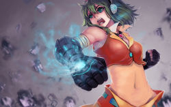 Rule 34 | 1girl, clenched hand, clenched hands, crop top, gloves, green eyes, green hair, gumi, matching hair/eyes, midriff, navel, open mouth, short hair, sola7764, solo, vocaloid