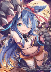 Rule 34 | 1girl, :d, akkijin, animal ear fluff, animal ears, arm up, armpits, bandages, bandage over one eye, bandaged arm, bandaged leg, bandages, bare shoulders, bat (animal), blue hair, breasts, claws, collar, fang, full moon, garter straps, green eyes, halloween, highres, long hair, looking at viewer, mini wings, moon, navel, official art, open mouth, revealing clothes, shinkai no valkyrie, small breasts, smile, solo, squall (shinkai no valkyrie), stomach, thigh strap, thighs, very long hair, wings, wolf ears, wolf girl