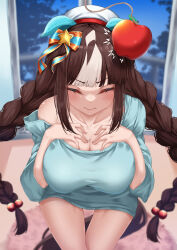 Rule 34 | 1girl, absurdres, alternate costume, animal ears, apple, blue sweater, blurry, blurry background, bow, braid, breasts, cleavage, closed eyes, closed mouth, commentary request, cowboy shot, ear bow, ear covers, ears down, facing viewer, food, fruit, hands on own chest, highres, hokko tarumae (umamusume), horse ears, horse girl, horse tail, large breasts, long hair, looking at viewer, low twin braids, multicolored hair, single bare shoulder, solo, streaked hair, striped bow, sweater, tabunshake, tail, twin braids, umamusume, very long hair, white hair, white headwear, window