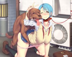 Rule 34 | 1girl, air conditioner, all fours, bag, bestiality, blue hair, blush, breasts, clothed sex, collar, dog, doggystyle, heart, huge breasts, kneehighs, kneeling, leash, messenger bag, open mouth, panties, panty pull, pink panties, school uniform, sex, sex from behind, short hair, shoulder bag, socks, sweat, underwear, v, vaginal, vest, wink, xxzero, yellow eyes