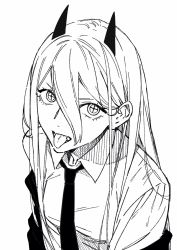 Rule 34 | 1girl, black horns, black jacket, black necktie, chainsaw man, clothes around waist, collared shirt, cross-shaped pupils, demon girl, demon horns, fangs, formal, greyscale, hair between eyes, highres, horns, jacket, jacket around waist, long hair, looking at viewer, looking up, monochrome, necktie, neckwear request, nipi27, open mouth, power (chainsaw man), sharp teeth, shirt, simple background, solo, symbol-shaped pupils, teeth, tongue, tongue out, upper body, very long hair, white background