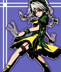 Rule 34 | 1girl, adapted costume, alternate color, between fingers, blue background, bow, braid, dio brando, embodiment of scarlet devil, female focus, hair bow, hair over one eye, high contrast, highres, holding, holster, izayoi sakuya, knife, maid, maid headdress, monopollyan, power connection, red eyes, silver hair, solo, thigh holster, throwing knife, touhou, twin braids, weapon, wristband