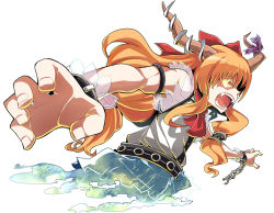 Rule 34 | 1girl, angry, bow, chain, face, fangs, female focus, foreshortening, hair bow, hitsuji bako, horn ornament, horn ribbon, horns, ibuki suika, open mouth, orange hair, outstretched arms, ribbon, solo, touhou, yellow eyes
