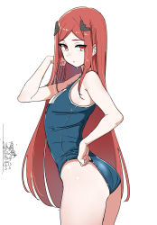 Rule 34 | 2girls, absurdres, ass, blue one-piece swimsuit, closed mouth, dickbomber, flat chest, hair ornament, highres, last origin, long hair, may of doom, multiple girls, night angel (last origin), one-piece swimsuit, red eyes, red hair, school swimsuit, sidelocks, simple background, solo focus, swimsuit, very long hair, wet, wet hair, white background