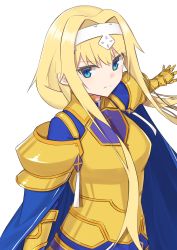 Rule 34 | 1girl, alice zuberg, armor, blonde hair, blue cape, blue dress, blue eyes, braid, breasts, cape, commentary request, dress, elfenlied22, frown, gold armor, hair intakes, hairband, highres, long hair, looking at viewer, medium breasts, simple background, solo, sword art online, sword art online: alicization, very long hair, white background, white hairband