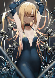 Rule 34 | 1girl, amagasa yun, armpits, arms up, bare shoulders, blonde hair, blue dress, blue gloves, blurry, breasts, choker, cocktail dress, collarbone, cowboy shot, depth of field, dress, elbow gloves, fate/grand order, fate (series), flower, gloves, hair over one eye, highres, long hair, looking at viewer, lord el-melloi ii case files, red eyes, reines el-melloi archisorte, restrained, sleeveless, sleeveless dress, small breasts, smile, smirk, solo, spaghetti strap, standing, v-shaped eyebrows