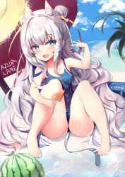 Rule 34 | + +, 1girl, absurdres, azur lane, barefoot, blue eyes, blue one-piece swimsuit, blue sky, breasts, cloud, cooler, copyright name, day, double bun, food, fruit, hair bun, hat, highres, le malin (azur lane), long hair, looking at viewer, one-piece swimsuit, outdoors, palm tree, popsicle, school swimsuit, silver hair, sitting, sky, small breasts, solo, straw hat, swimsuit, tree, watermelon, watermelon bar, yue (qtxyjiang)