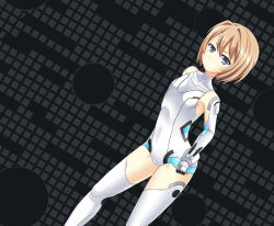 Rule 34 | 1girl, blanc (neptunia), blue eyes, brown hair, cosplay, covered navel, elbow gloves, frown, gloves, halcyon (halcyon90), highres, leotard, looking at viewer, neptune (series), short hair, solo, white heart (neptunia), white heart (neptunia) (cosplay), white legwear, white leotard