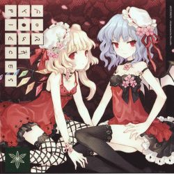 Rule 34 | 2girls, album cover, blonde hair, blue hair, breasts, choker, cleavage, cover, cover page, dress, face, female focus, fishnets, flandre scarlet, flat chest, flower, hat, highres, jpeg artifacts, mob cap, multiple girls, red eyes, remilia scarlet, scan, scan artifacts, short hair, siblings, sisters, sitting, small breasts, smile, tearfish, thighhighs, touhou, wings