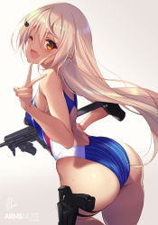 Rule 34 | 1girl, ;d, arms note, artist name, ass, back cutout, bare arms, bare shoulders, blonde hair, blue one-piece swimsuit, blush, breasts, clothing cutout, commentary request, competition swimsuit, copyright name, fang, fukai ryosuke, gradient background, grey background, gun, hair between eyes, hair ornament, handgun, highres, holding, holding gun, holding weapon, holster, leaning forward, leg up, long hair, looking at viewer, looking back, one-piece swimsuit, one eye closed, open mouth, orange eyes, original, signature, small breasts, smile, solo, striped clothes, striped one-piece swimsuit, swimming club kouhai (fukai ryousuke), swimsuit, thigh holster, v, very long hair, weapon, weapon request