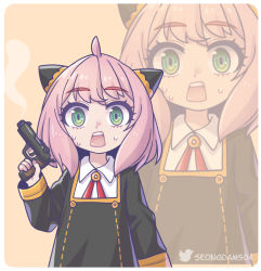 Rule 34 | 1girl, anya (spy x family), artist request, child, green eyes, gun, medium hair, open mouth, pink hair, solo, spy x family, sweat, weapon