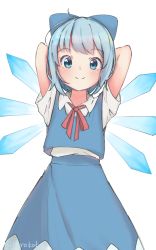 Rule 34 | 1girl, arms behind head, arms up, blue bow, blue dress, blue eyes, blue hair, blush, bow, cirno, closed mouth, cowboy shot, dress, highres, ice, ice wings, koro kokoi, looking at viewer, red neckwear, short hair, short sleeves, simple background, smile, solo, touhou, white background, wings