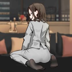 1girl absurdres ass bang_dream! bang_dream!_it&#039;s_mygo!!!!! black_pantyhose blurry blurry_background brown_hair building chinese_commentary commentary_request couch curly_hair cushion dress_pants formal_clothes from_behind full_body grey_eyes grey_jacket grey_pants grey_suit hair_behind_ear highres in-universe_location indoors jacket long_sleeves looking_at_viewer medium_hair minamorohero nagasaki_soyo&#039;s_mother night no_shoes on_couch pants pantyhose pantylines profile screenshot_background sitting soles solo suit suit_jacket taut_clothes taut_pants textless_version tight_clothes tight_pants turning_head variant_set wariza window