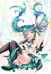 Rule 34 | 1girl, aqua hair, arm up, boots, elbow gloves, gloves, green eyes, green hair, haruka natsuki, hatsune miku, high heels, highres, long hair, looking at viewer, open mouth, skirt, solo, thigh boots, thighhighs, twintails, vocaloid