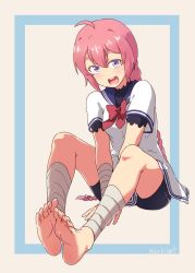 Rule 34 | 1girl, ahoge, bandages, barefoot, bike shorts, blush, braid, feet, feet together, foot focus, kantai collection, long hair, looking at viewer, nenohi (kancolle), open mouth, pink hair, purple eyes, sitting, soles, toes