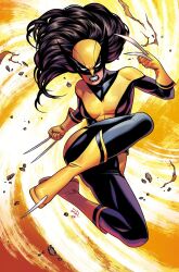 1girl artist_collaboration black_bodysuit black_hair bodysuit boots claws clenched_teeth highres laura_kinney long_hair looking_at_viewer marvel matt_wilson russell_dauterman signature solo superhero_costume teeth two-tone_bodysuit wolverine_(x-men) x-23 x-men yellow_bodysuit yellow_footwear