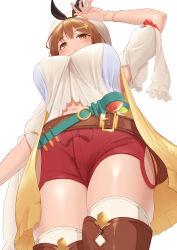 Rule 34 | 1girl, absurdres, atelier (series), atelier ryza, atelier ryza 1, belt, boots, bracelet, breasts, brown eyes, brown hair, brown thighhighs, bunny lover, from below, hair ornament, hairclip, highres, jewelry, large breasts, looking at viewer, looking down, midriff peek, open mouth, red shorts, reisalin stout, shirt, short shorts, short sleeves, shorts, solo, test tube, thigh boots, thighhighs, thighs, white background, white headwear, white shirt