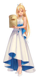 Rule 34 | 1girl, :d, blonde hair, blue bow, blue dress, bow, breasts, brown eyes, commentary request, dress, full body, gold creator award, hair bow, halter dress, halterneck, high heels, high ponytail, highres, holding, hololive, long dress, long hair, looking at viewer, medium breasts, multicolored hair, open mouth, pointy ears, pumps, sakumichi, shiranui flare, sidelocks, simple background, smile, standing, streaked hair, virtual youtuber, waist bow, white background, white bow, white dress, white footwear, white hair, youtube creator award
