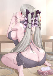 Rule 34 | 1girl, ass, azur lane, backless dress, backless outfit, bare back, bare shoulders, barefoot, black nails, blush, breasts, butt crack, commentary request, crystal shoujo, dress, fingers together, formidable (azur lane), from behind, grey hair, hair ribbon, halterneck, highres, large breasts, long hair, looking at viewer, looking back, meme attire, nail polish, naked sweater, red eyes, ribbed sweater, ribbon, sideboob, sitting, solo, sweater, sweater dress, tissue box, turtleneck, turtleneck sweater, twintails, two-tone ribbon, very long hair, virgin killer sweater, wariza