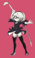 Rule 34 | 1girl, 2b (nier:automata), 2b (nier:automata) (cosplay), bad id, bad pixiv id, black dress, black hairband, black thighhighs, boots, breasts, cleavage, cleavage cutout, clothing cutout, cosplay, dress, feather-trimmed sleeves, full body, hairband, high heel boots, high heels, highleg, highleg leotard, highres, inkling, inkling player character, juliet sleeves, katana, leotard, long sleeves, mask, nier:automata, nier (series), nintendo, no blindfold, ontaros, pink background, puffy sleeves, simple background, solo, sword, thigh boots, thighhighs, weapon, white hair, white leotard