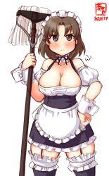 Rule 34 | 1girl, alternate costume, apron, artist logo, black dress, black thighhighs, breasts, brown eyes, brown hair, chiyoda (kancolle), cleavage, commentary request, dated, detached sleeves, dress, enmaided, frilled apron, frilled thighhighs, frills, garter straps, highres, kanon (kurogane knights), kantai collection, large breasts, looking at viewer, maid, mop, short hair, simple background, solo, thighhighs, white apron, white background, white neckwear, wrist cuffs