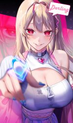 Rule 34 | 1girl, absurdres, badamon, blonde hair, blue nails, blurry, blurry foreground, breasts, cleavage, crop top, goddess of victory: nikke, hand up, heart collar, highres, large breasts, long hair, looking at viewer, mole, mole under eye, parted lips, pink eyes, reaching, reaching towards viewer, smile, solo, speech bubble, upper body, viper (nikke), zipper pull tab, zoom layer
