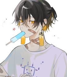 Rule 34 | 1boy, a20190422, alternate costume, alternate hairstyle, anger vein, bandaid, bandaid on arm, bandaid on face, bandaid on neck, black hair, blonde hair, bug, bug bite, commentary request, crossed bangs, earrings, food, food in mouth, hair between eyes, highres, holostars, jewelry, korean commentary, looking at viewer, male focus, multicolored hair, popsicle, print shirt, shirt, short hair, short ponytail, solo, sweat, t-shirt, two-tone hair, upper body, virtual youtuber, white background, white shirt, yatogami fuma, yellow eyes