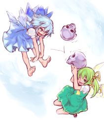 Rule 34 | 2girls, barefoot, blocking, blue eyes, blue hair, bow, cirno, daiyousei, dress, fairy wings, flying, gradient background, green eyes, green hair, hair bow, hair ribbon, legs folded, looking at another, mary janes, multiple girls, open mouth, ribbon, shiro (hakukosui), shoes, short sleeves, side ponytail, simple background, skull, throwing, touhou, wings