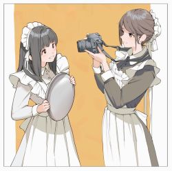 Rule 34 | 2girls, apron, black eyes, black hair, border, bright pupils, brown eyes, brown hair, camera, closed mouth, collared dress, commentary request, dress, grey dress, hat, highres, holding, holding camera, holding tray, long hair, long sleeves, maid, maid apron, maid headdress, meido-fuku ga mitai, mob cap, multiple girls, open mouth, original, short hair, sidelocks, single-lens reflex camera, smile, tray, two-tone background, white border, white dress, white pupils