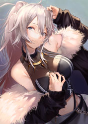 Rule 34 | 1girl, ahoge, animal ears, bare shoulders, belt, black belt, black jacket, black nails, breasts, cleavage, closed mouth, copyright name, fang, fang out, fur-trimmed jacket, fur trim, grey eyes, grey hair, hair between eyes, head tilt, hololive, jacket, jewelry, kainown, large breasts, lion ears, lion girl, long hair, long sleeves, looking at viewer, midriff, nail polish, necklace, open clothes, open jacket, see-through, see-through cleavage, shishiro botan, shishiro botan (1st costume), smile, solo, very long hair, virtual youtuber